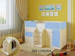 Кровать-чердак Малыш-4 Дуб молочный/Голубой в Камне-на-Оби - kamen-na-obi.mebel54.com | фото