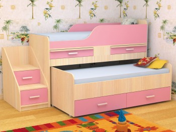 Кровать детская Лесики двухместная 1.8  Дуб молочный/Розовый в Камне-на-Оби - kamen-na-obi.mebel54.com | фото
