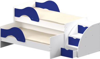 Кровать детская Матрешка выкатная с лестницей Белый/Синий в Камне-на-Оби - kamen-na-obi.mebel54.com | фото