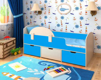 Кровать Малыш-мини с бортиком Дуб молочный/Голубой в Камне-на-Оби - kamen-na-obi.mebel54.com | фото