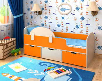 Кровать Малыш-мини с бортиком Дуб молочный/Оранжевый в Камне-на-Оби - kamen-na-obi.mebel54.com | фото