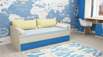 Кровать с выкатными ящиками Дуб молочный/Голубой в Камне-на-Оби - kamen-na-obi.mebel54.com | фото