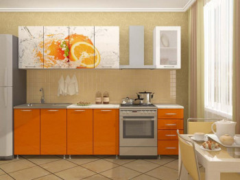 Кухонный гарнитур 1,6м Апельсин (Белый/Оранжевый металлик/Фотопечать апельсин) в Камне-на-Оби - kamen-na-obi.mebel54.com | фото