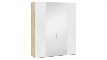 Шкаф комбинированный с 2 глухими и 2 зеркальными дверями «Эмбер» Яблоня Беллуно/Белый глянец в Камне-на-Оби - kamen-na-obi.mebel54.com | фото